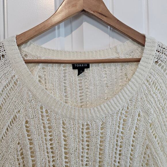 Torrid Open Knit Blouse Women 2X Cream Boho Cottage Coastal Short Sleeve Neutral - Picture 6 of 9